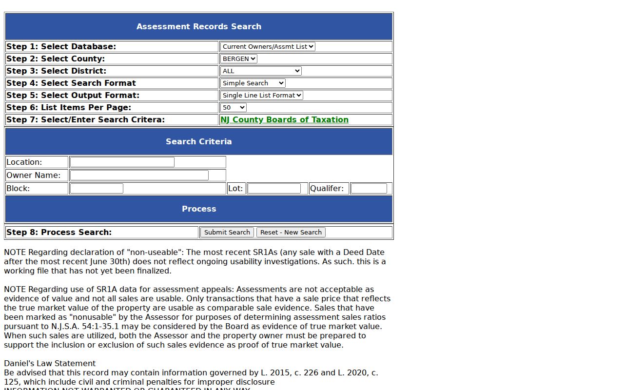 Elmwood Park street directory Bergen assessment search fields
